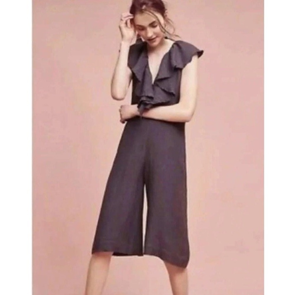 Maria Stanley Ruffle Neck Scalloped Jumpsuit Dark Gray Cotton Linen XS